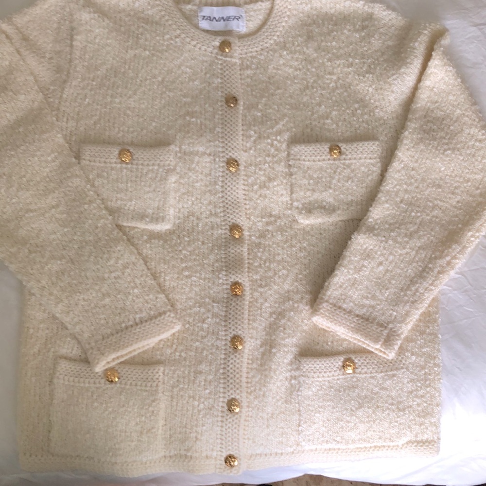 Tanner M Boucle Knit Cream Cardigan with Gold Buttons and 4 front pockets